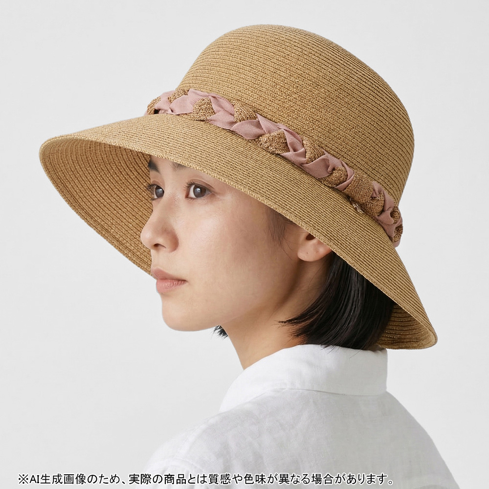 ニュアンスミー] ペーパーブレード編み込みリボンハット ピンク