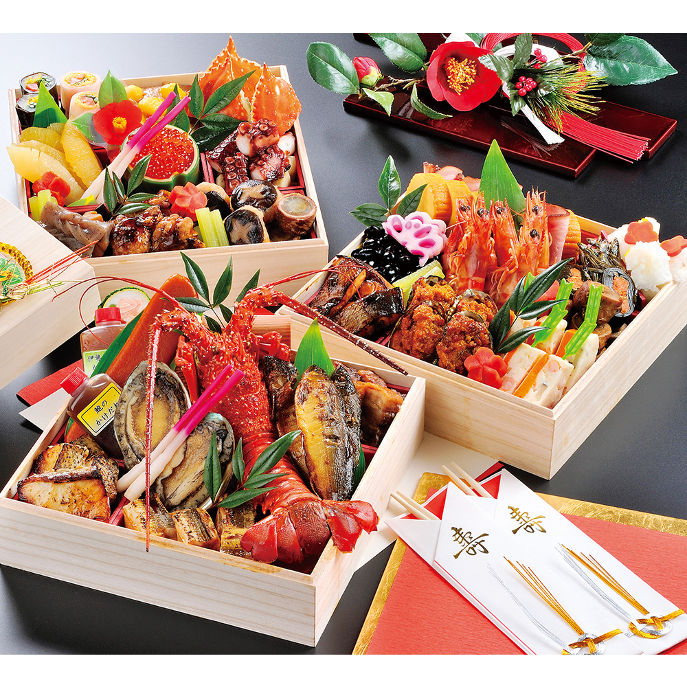 蒔絵　三段重　朱色　おせち 重箱 おせち 三段重 木製扇面花丸松竹梅蒔絵 溜内朱 6.5寸 20cm 漆器