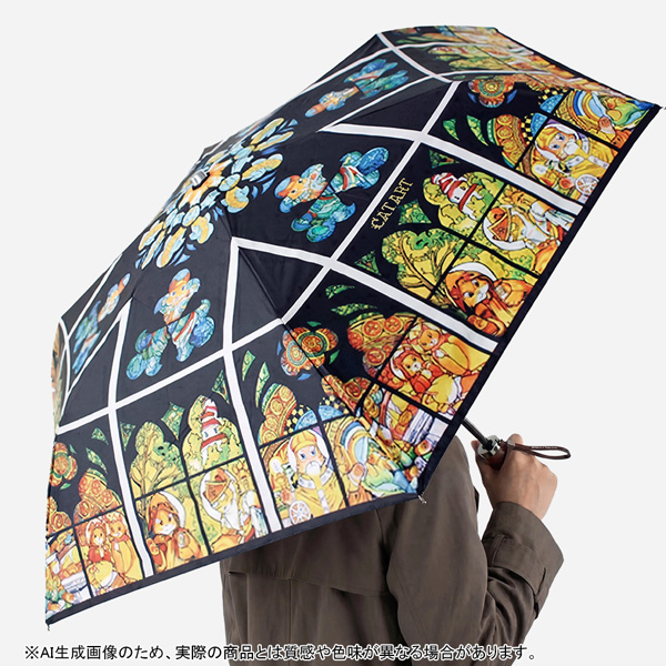 [キャットアート] 晴雨兼用　折りたたみ傘（傘袋付き）プラハ聖ニャート大聖堂のステンドグラス/アルフォンソ・ミャーシャ ブラック