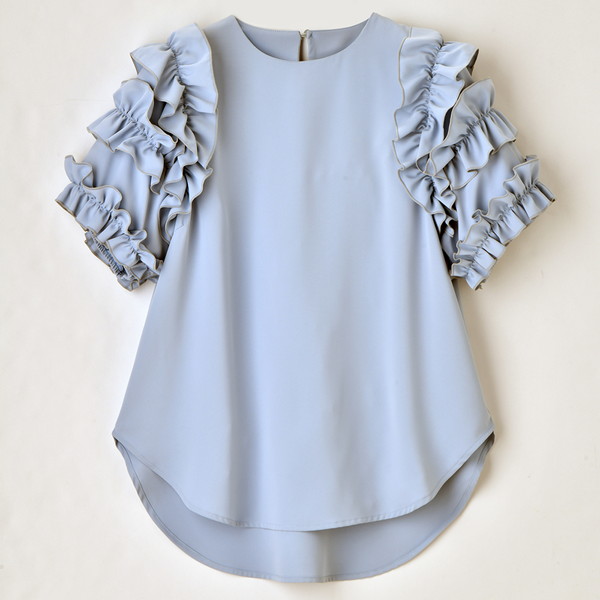 [ノマド] ショルダーフリルブラウス サックス M～L