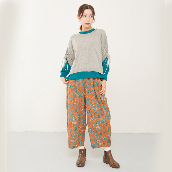 [リルアンドリリー] ハンドプリントワイドパンツ ブラウン