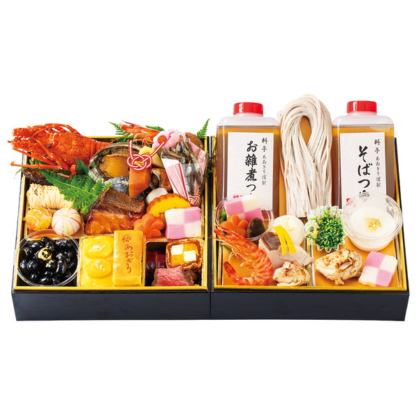 [料亭　あおぎり] 筑豊懐石おせち「珠玉」一段重と筑豊懐石雑煮・十割蕎麦《おひとりさまセット》(あおぎり24凍)