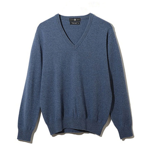 アルファー メンズ 日本製カシミヤ100％ Vネックセーター Dブルー  Ｌ