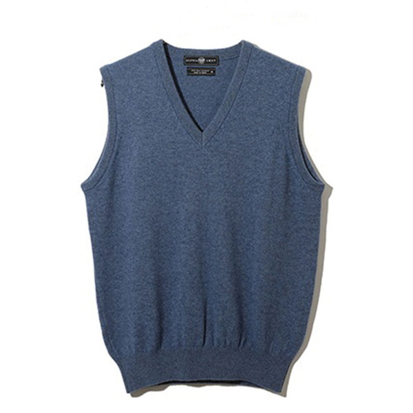 アルファー メンズ 日本製カシミヤ100％ Vネックベスト Dブルー  Ｍ