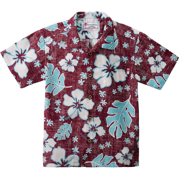 ココナッツジュース かりゆしウェア キッズオープンカラーシャツ(ウイークエンドジャーニー) バーガンディー 110