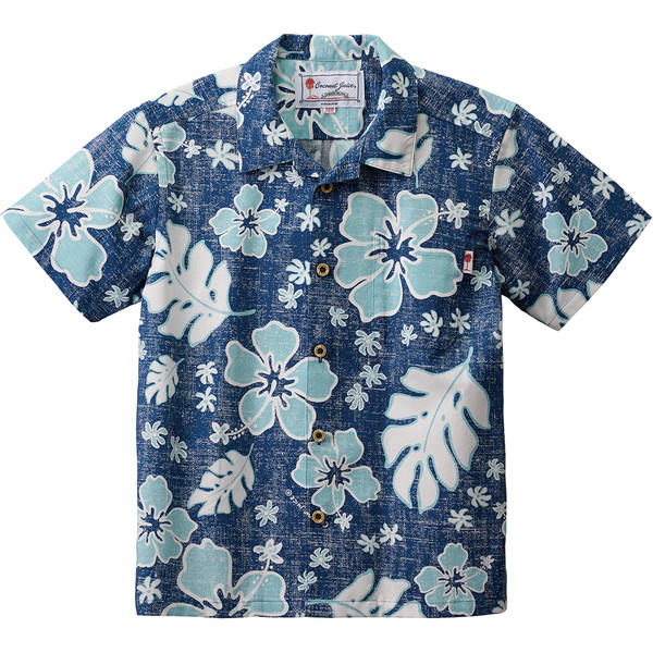 ココナッツジュース かりゆしウェア キッズオープンカラーシャツ(ウイークエンドジャーニー) ブルー 120