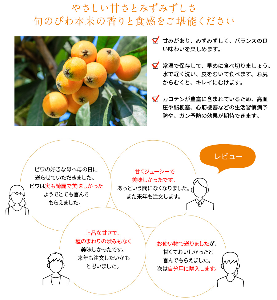 やさしい甘さとみずみずしさ　旬のびわ本来の香りと食感をご堪能ください