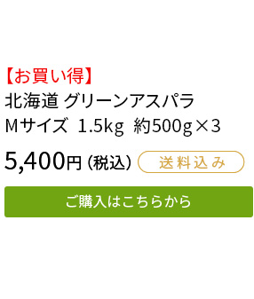北海道グリーンアスパラ　Mサイズ　1.5kg　約500g×3　5,400円（税込）　ご購入はこちらから