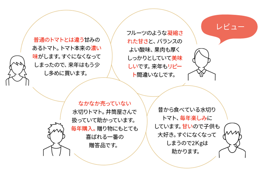 普通のトマトとは違う甘みのあるトマト。トマト本来の濃い味がします。すぐになくなってしまったので、来年はもう少し多めに買います。フルーツのような凝縮された甘さと、バランスのよい酸味、果肉も厚く
しっかりとしていて美味しいです。来年もリピート間違いなしです。